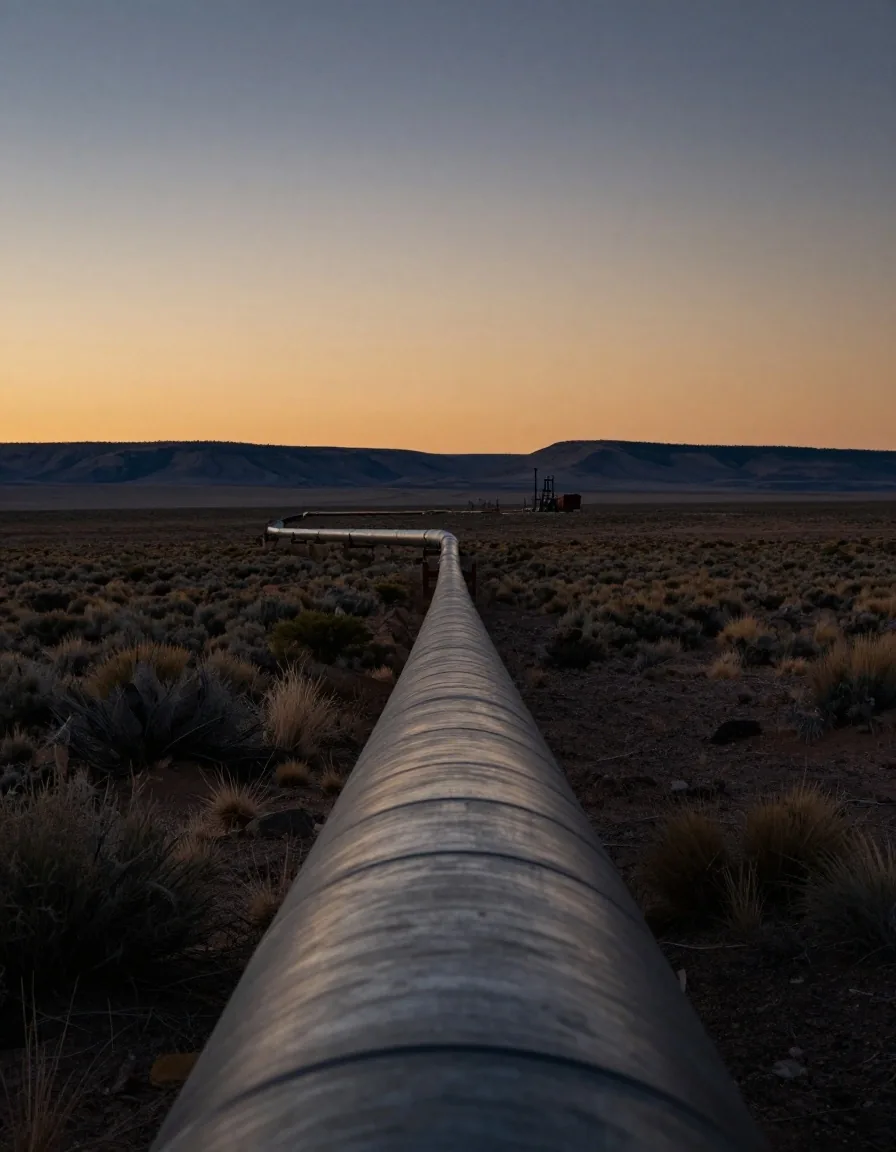 Gasoducto e instalaciones de procesamiento al anochecer