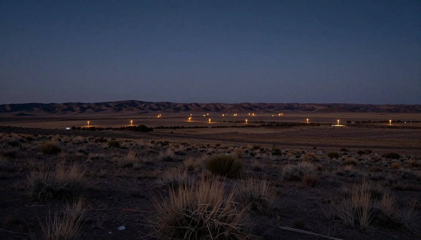 Paisaje de Vaca Muerta al anochecer con luces de pozos en el horizonte