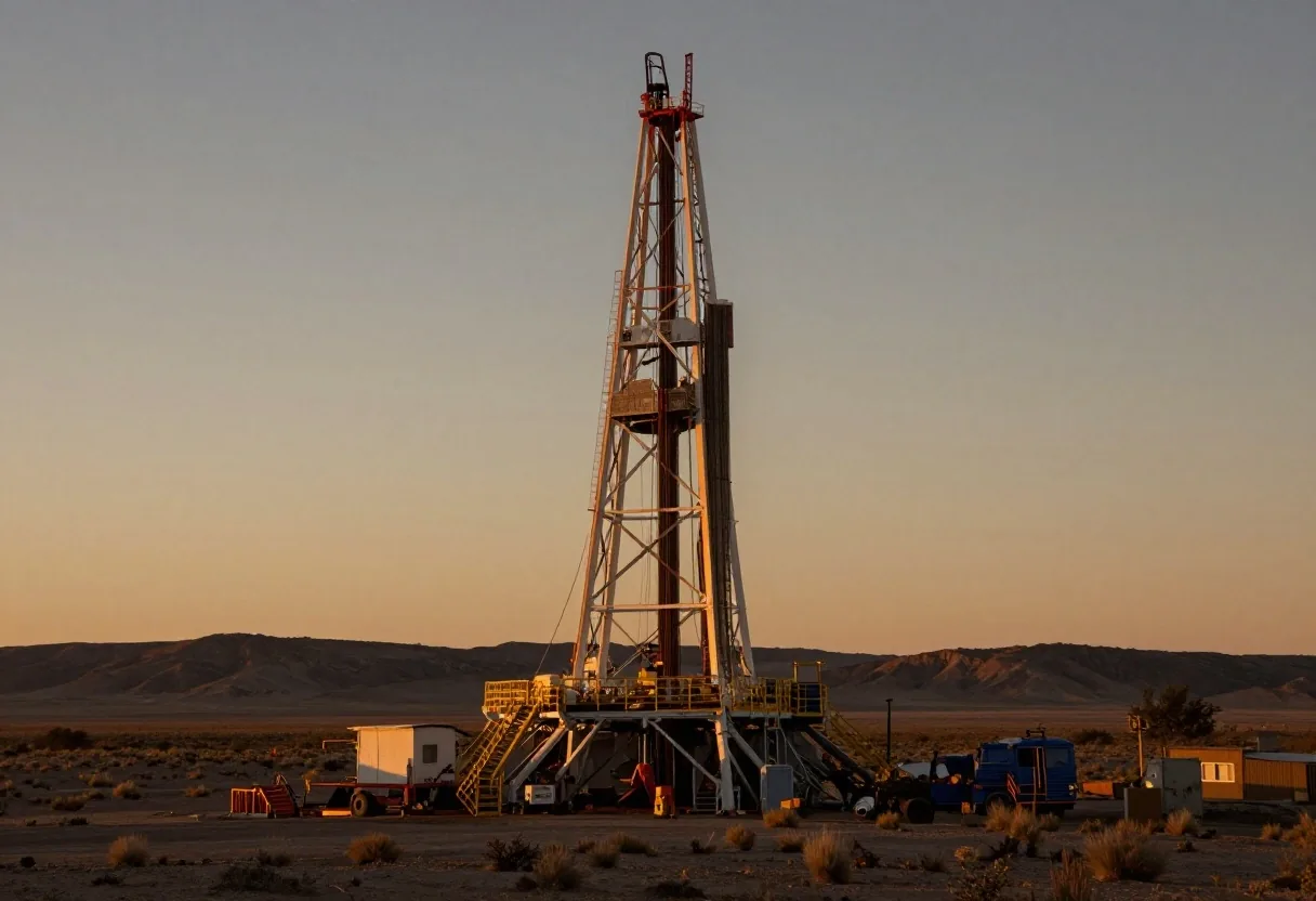 Torre de perforación recortada contra el cielo al amanecer